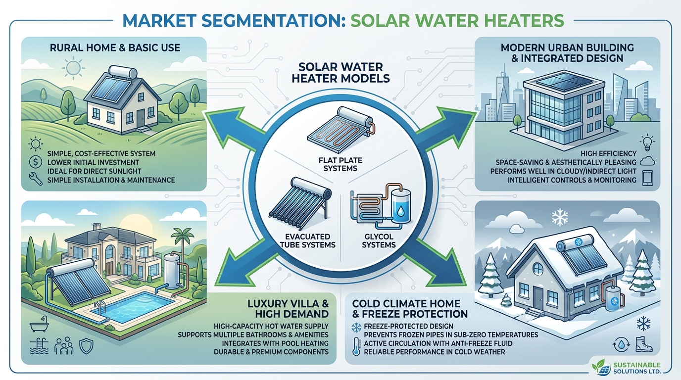 Solar water heater market segmentation showing rural homes, urban buildings, luxury villas, cold-climate homes, flat plate systems, evacuated tube systems and glycol systems